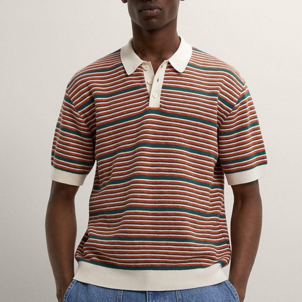 Zara Men's Striped Knitted Polo Sweater Shirt Orange Teal Size Medium
